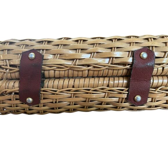 Vintage Lucky Bag Turn Lock Wicker Purse Leather Trim Heart Boho Fabric Lined - Picture 6 of 10